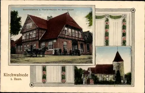 Ak Kirchwalsede in Niedersachsen, Geschäftshaus und Gastwirtschaft, Kirche