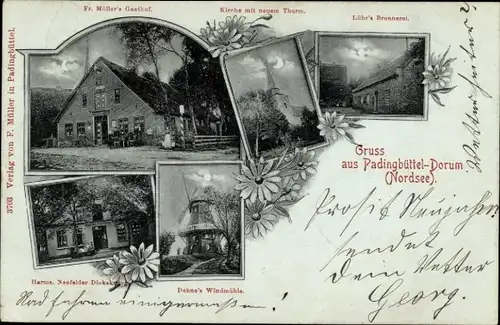 Ak Padingbüttel Wurster Nordseeküste, Müllers Gasthof, Kirche, Lührs Brennerei, Windmühle