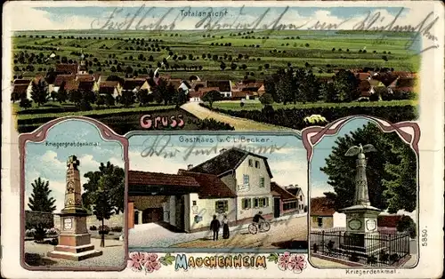 Litho Mauchenheim in Rheinhessen, Kriegergrabdenkmal, Gasthaus C. L. Becker, Gesamtansicht