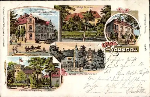 Litho Lauenau in Niedersachsen, Gasthaus zum deutschen Haus, Schloss von Münchhausen
