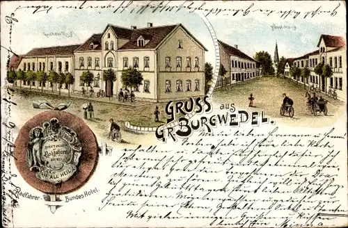 Litho Großburgwedel Burgwedel Niedersachsen, Gasthaus, Straßenpartie, Radfahrer Bundes Hotel