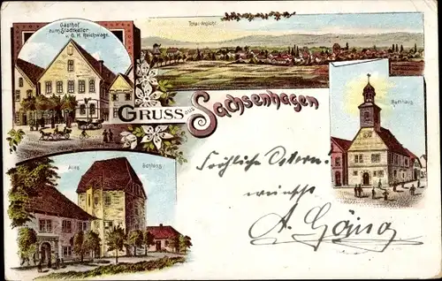 Litho Sachsenhagen im Schaumburger Land, Rathaus, Gasthof zum Stadtkeller, Schloss, Totalansicht
