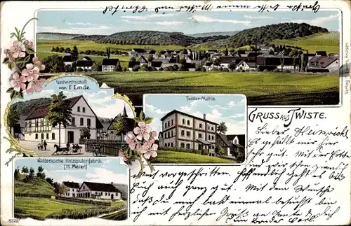 Litho Twiste Twistetal Hessen, Gastwirtschaft Emde, Twister Mühle, Holzspulenfabrik