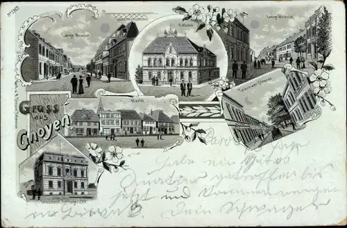 Mondschein Litho Gnoien in Mecklenburg, Lange Straße, Markt, Amtsgericht, Rathaus