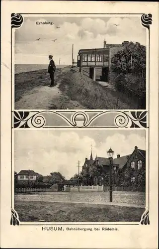 Ak Rödemis Husum in Nordfriesland, Bahnübergang, Erholung