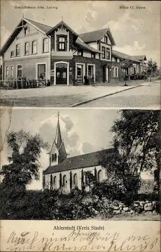 Ak Ahlerstedt Kreis Stade, Geschäftshaus, Mühle Cl. Alpers, Kirche