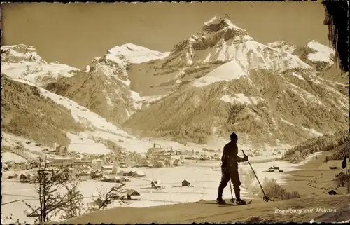 Ak Engelberg Kanton Obwalden Schweiz, Winterpanorama mit Hahnen, Skifahrer