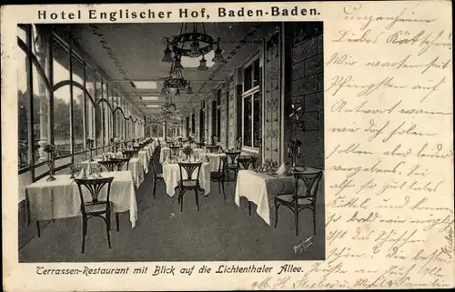Ak Baden Baden am Schwarzwald, Hotel Englischer Hof, Innenansicht, Terrassenrestaurant