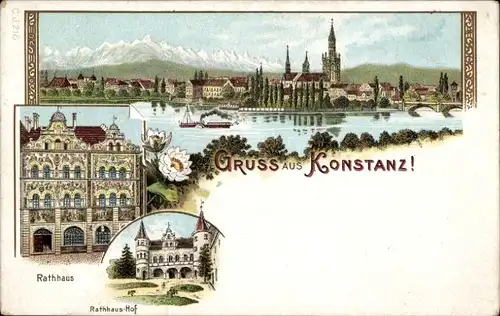 Litho Konstanz, Rathaus, Rathaushof, Totale vom Ort