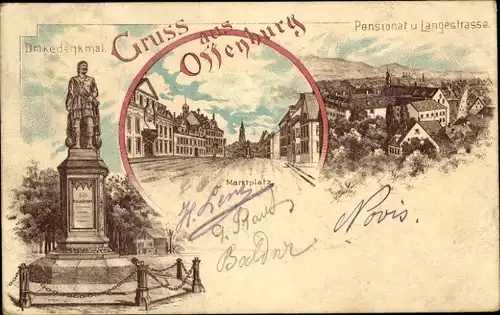 Litho Offenburg im Schwarzwald, Pensionat und Langestraße, Markt, Drakedenkmal