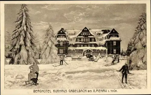 Ak Ilmenau Thüringen, Berghotel Kurhaus im Winter, Skifahrer, Schlitten
