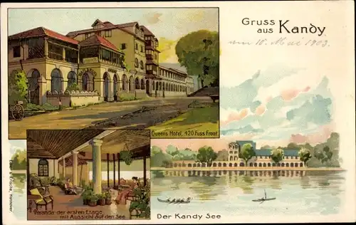 Litho Kandy Sri Lanka Ceylon, Queens Hotel, Kandy Lake