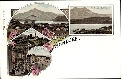 Litho Mondsee Oberösterreich, Gasthof zur Post, Kirche, Bahnhof, Gesamtansicht