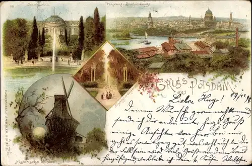 Litho Potsdam in Brandenburg, Sanssouci, Panorama vom Brauhausberg, Historische Mühle