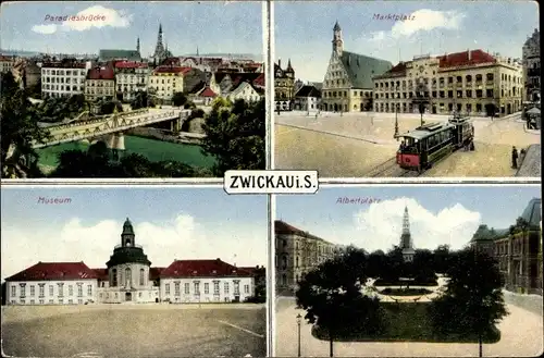 Ak Zwickau in Sachsen, Museum, Marktplatz, Paradiesbrücke, Albertplatz