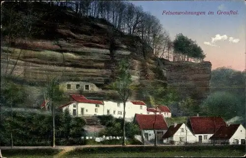 Ak Graufthal Moselle, Blick auf die Felsenwohnungen