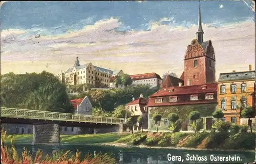 Künstler Ak Gera in Thüringen, Brücke und Uferpartie am Schloss Osterstein