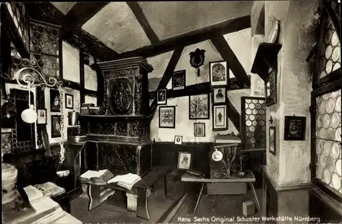 Ak Nürnberg in Mittelfranken, Hans Sachs Schuster Werkstätte, Inneres