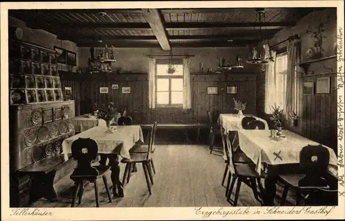 Ak Tellerhäuser Breitenbrunn im Erzgebirge, Erzgebirgsstube in Schneiders Gasthof, Kachelofen