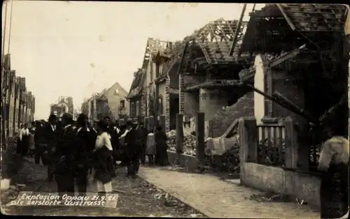Foto Ak Oppau Ludwigshafen am Rhein, Explosion des Stickstoffwerkes 1921, Austraße, Zerstörungen