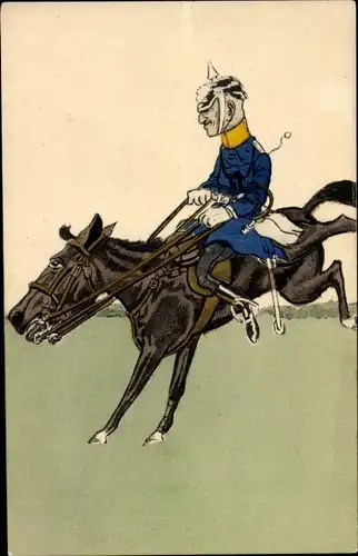 Künstler Ak Reiter in Uniform auf einem Pferd, Pickelhaube, Karikatur