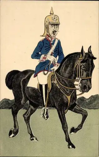 Künstler Ak Reiter in Uniform auf einem Pferd, Pickelhaube, Karikatur