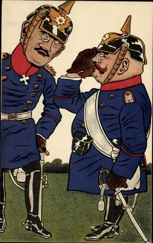 Künstler Ak Karikatur, zwei Offiziere in Uniform, Pickelhauben