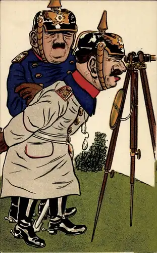 Künstler Ak Offiziere in Uniform, Pickelhauben, Fernrohr, Karikatur