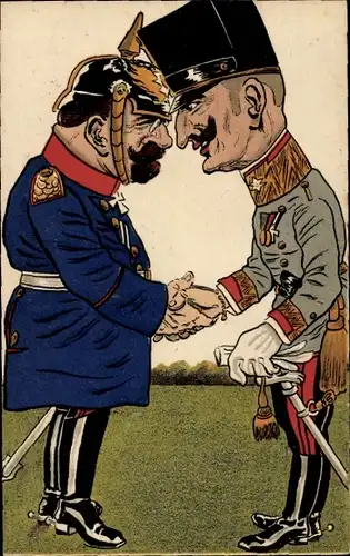 Künstler Ak General Max von Gallwitz, Marschall Ferdinand Foch schütteln sich die Hände, Karikatur