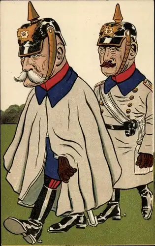 Künstler Ak Karikatur, Bismarck und Kaiser Wilhelm II. in Feldgrau, Pickelhauben