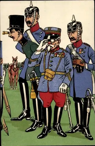 Künstler Ak Deutsche und kuk Offiziere in Uniform, Fernrohr, Feldstecher, Karikatur