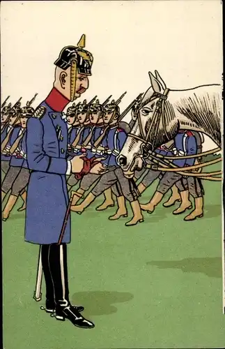 Künstler Ak Offizier in Uniform, Parade, Pferd, Karikatur