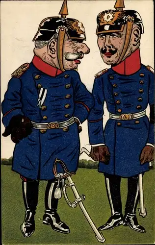 Künstler Ak Offiziere in Uniform, Pickelhauben, Karikatur