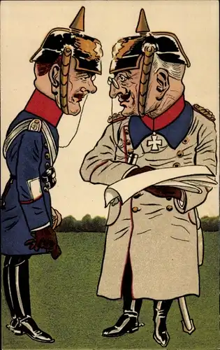 Künstler Ak Karikatur, Kaiser Wilhelm II., Offizier in Uniform, Pickelhauben