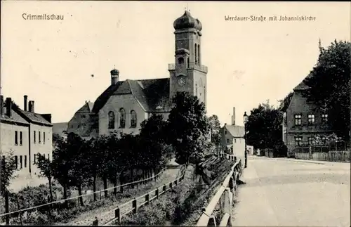 Ak Crimmitschau in Sachsen, Werdauer Straße mit Johanneskirche