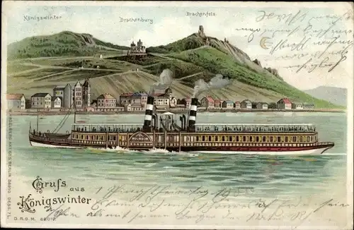 Litho Königswinter am Rhein, Salondampfer, Drachenburg, Drachenfels, Mondschein