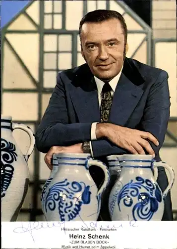 Ak Schauspieler Heinz Schenk, Portrait, Autogramm, Glas, Krug, Zum Blauen Bock