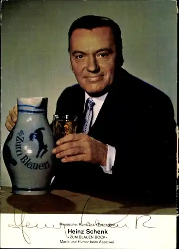 Ak Schauspieler Heinz Schenk, Portrait, Autogramm, Glas, Krug, Zum Blauen Bock