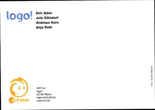 Ak Schauspieler Kim Adler, Andreas Korn, Schauspielerin Jule Gölsdorf, Anja Roth, logo, ZDR tivi