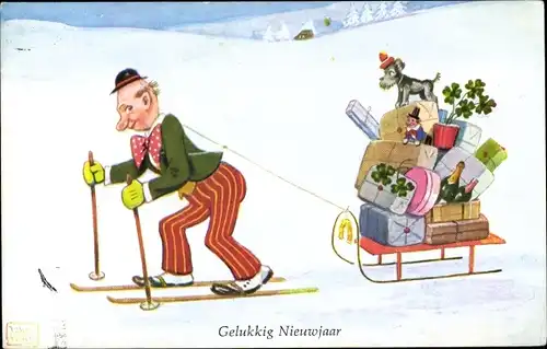 Künstler Ak Wills, John, Neujahr, Clown, Schlitten, Kleeblätter, Sektflaschen