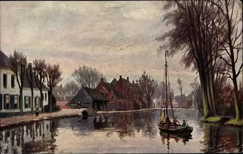 Künstler Ak Gerstenhauer, Johann Georg, niederländisches Motiv, Häuser am Kanal, Boot