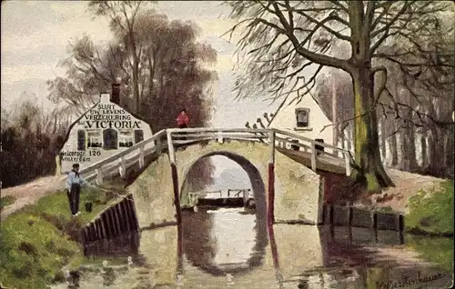 Künstler Ak Gerstenhauer, J. G., Niederländisches Dorfmotiv, Kanal, Brücke