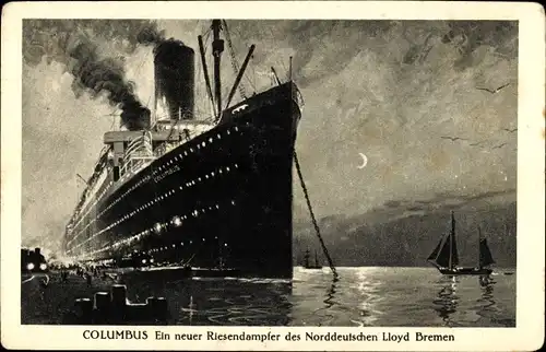 Künstler Ak Dampfschiff Columbus, Norddeutscher Lloyd Bremen