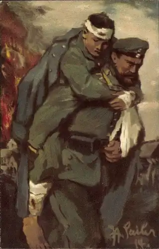 Künstler Ak Sailer, Verletzter Soldat wird von Kameraden getragen, I. WK, Rotes Kreuz