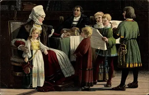 Künstler Ak Poetzsch, P., Reformator Martin Luther mit Familie