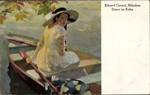 Künstler Ak Cucuel, E., Dame im Kahn, Ruderboot, Frau-Portrait