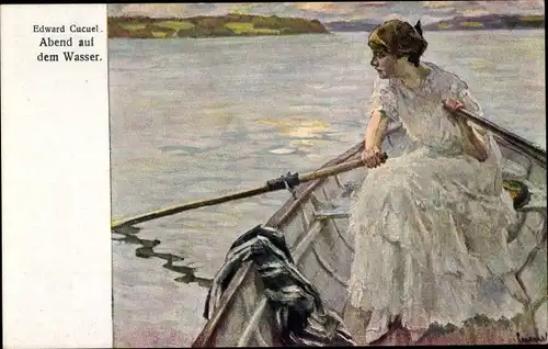 Künstler Ak Cucuel, E., Abend auf dem Wasser, Ruderboot, Frau-Portrait