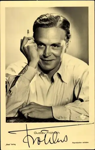 Ak Schauspieler Gustav Fröhlich, Portrait, Zigarette, Ross, Autogramm