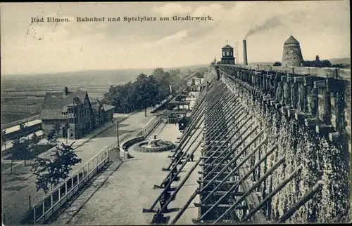 Ak Bad Elmen Salzelmen Schönebeck an der Elbe, Bahnhof, Spielplatz am Gradierwerk