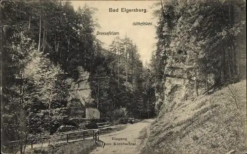 Ak Elgersburg Thüringen, Eingang zum Kornbachtal, Droesefelsen, Göthefelsen